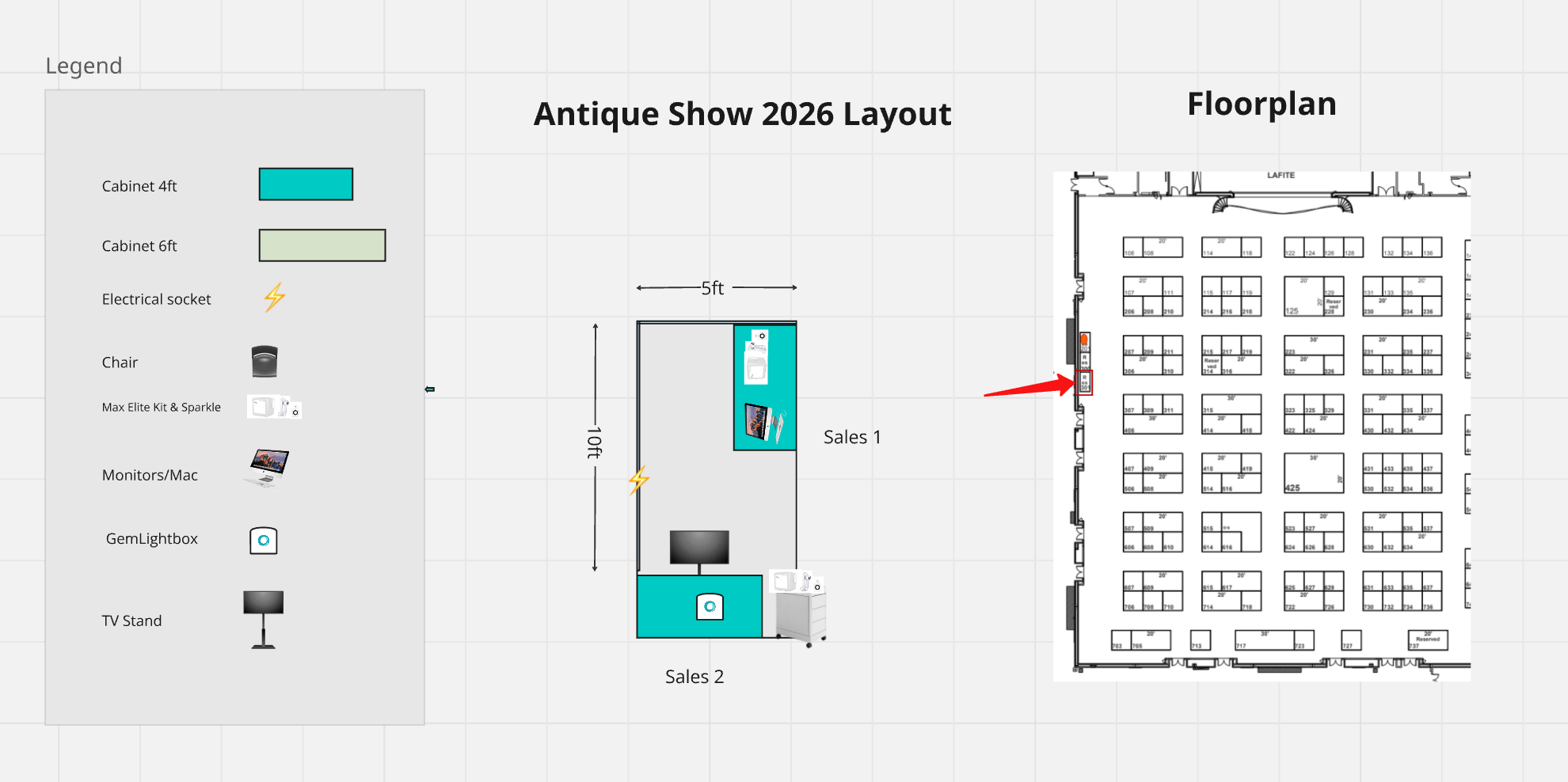 Antique Show 2026 Layout — 5ft × 10ft booth with Sales 1 station (Max Elite Kit + Sparkle) and Sales 2 station (GemLightbox + TV stand). Hall floorplan shows booth 301 location near the entrance.