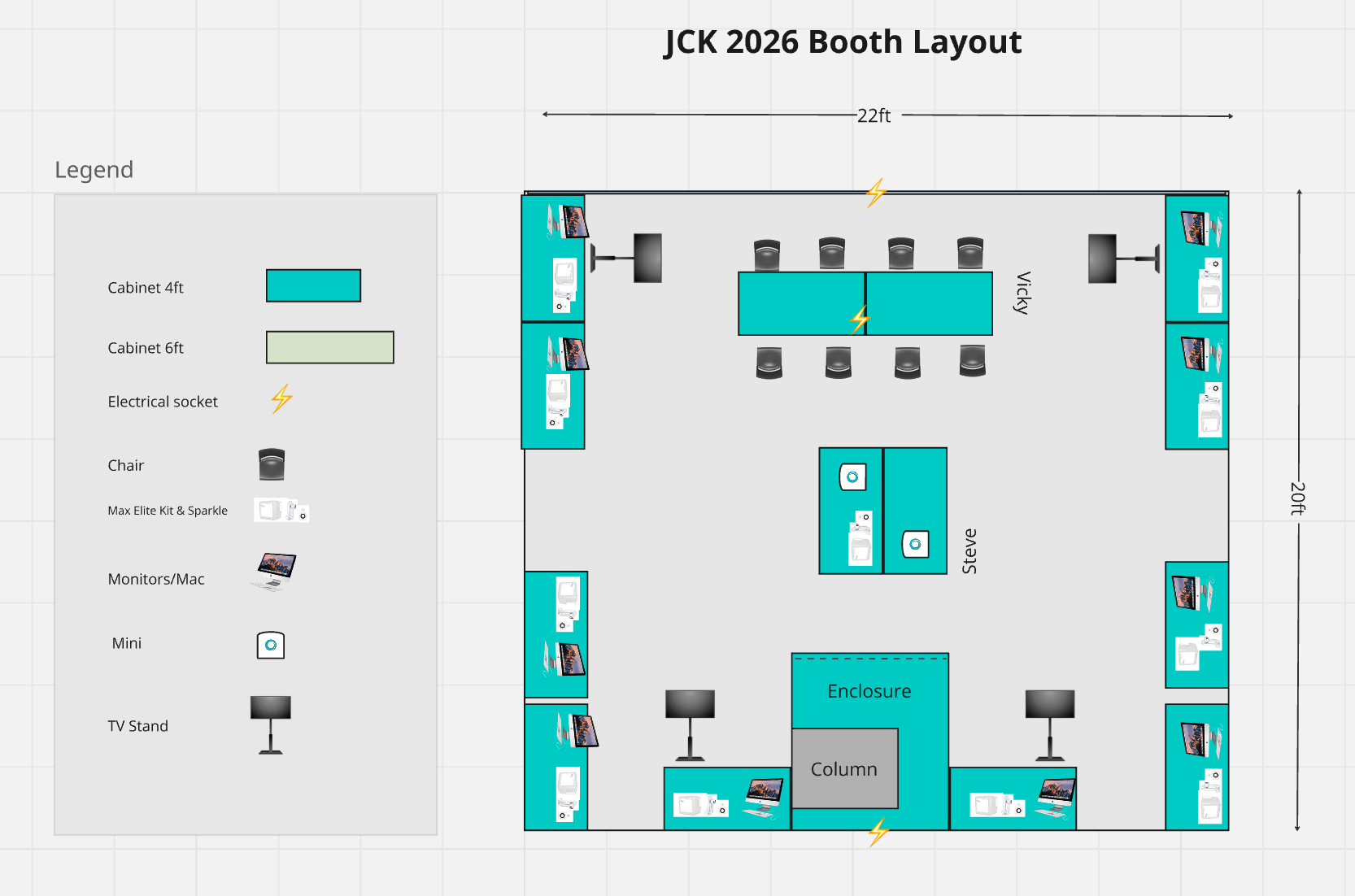 JCK 2026 Booth Layout — 22ft × 20ft. Vicky station on right edge, Steve enclosure with central column, demo stations along all four walls.